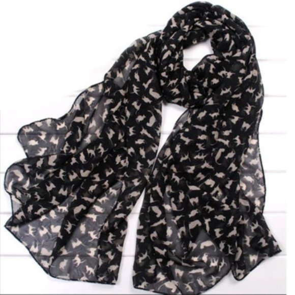 “Kitten” black polyester chiffon $6.99 Shipping neck/head scarf, 27X56" NWOT - Picture 1 of 3